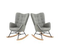 Sillas mecedoras de tela gris con respaldo alto ergonómico y base curva de madera, diseño acolchado en cuadros para salón o habitación infantil, set de 2, soporta hasta 120 kg, perfectas para lactanci