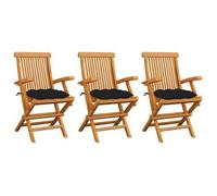 Sillas Plegables Con Cojines Negros, 3 Unidades, Madera Maciza De Teca. Vidaxl