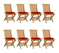 Sillas de jardín con cojines rojos, juego de 8 unidades, fabricadas en madera de teca maciza