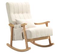 Sillón balancín tapizado en tela beige con estructura de madera natural, diseño escandinavo moderno y bolsillo lateral práctico. ideal para salón, dormitorio o sala de lectura. cómodo, estable y elega
