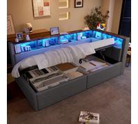 Sillón-cama hidráulico Flieks, con puertos USB y Tipo-C, estructura tapizada, cama con espacio de almacenamiento, sofá cama individual con detalles en cuero y compartimentos de almacenamiento, color g