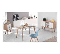 Sillón Carlotta con asiento acolchado en piel sintética azul y patas de madera de haya: diseño moderno para salones y oficinas. - Stones