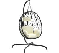 Sillón colgante con forma de huevo y cojín blanco crema