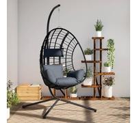 Sillón colgante con soporte, color antracita, mecedora para jardín y salón, aspecto de ratán, estructura de acero y cojines cómodos
