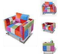 Sillón con forma de cubo, con patas cromadas, diseño patchwork y tapizado en tela