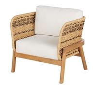 Sillón de exterior de madera de acacia, resina y cojines color crudo