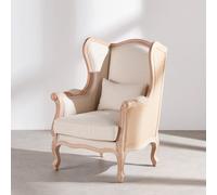 Sillón de madera de haya, yute y tela de poliéster y lino.