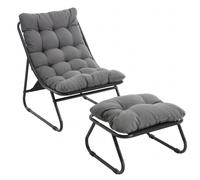 Sillón lounge de exterior con otomana, cojín acolchado, tejido sling, estructura de acero, Gris Aosom España