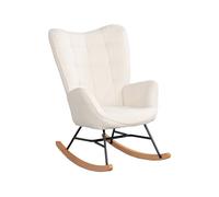 Sillón mecedor tapizado en tejido tipo borreguito beige con estructura metálica negra y patas curvas de madera natural, diseño nórdico moderno y acogedor ideal para dormitorio, salón o zona de lectura