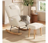 Sillón mecedora con reposapiés, material Sherpa, patas de madera, beige | Estilo escandinavo, tejido sherpa suave, patas de madera robustas, ideal para salón, dormitorio y dormitorio infantil