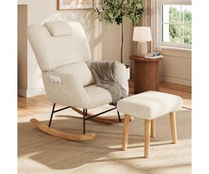 Sillón mecedora con reposapiés, material Sherpa, patas de madera, beige | Estilo escandinavo, tejido sherpa suave, patas de madera robustas, ideal para salón, dormitorio y dormitorio infantil