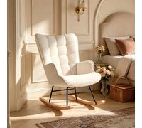 Sillón mecedora FANGANGE de felpa con mechones, sillón tapizado con base de madera maciza, sillón reclinable acolchado con respaldo alto para sala de estar, dormitorio, guardería, 4 colores: Dark Gray