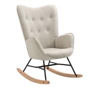 Sillón mecedora tapizado en tela beige con respaldo alto y brazos, patas de madera natural y estructura metálica negra, medidas 98x68x85 cm, capacidad 120 kg, diseño moderno y elegante ideal para saló