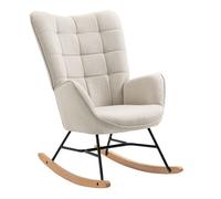 Sillón mecedora tipo butaca de tela beige, patines de madera y estructura metálica, acolchado grueso y respaldo alto, estilo nórdico, capacidad 120 kg, medidas 98x68x85 cm, altura asiento 44 cm, ideal