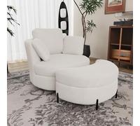 Sillón moderno de gran tamaño con taburete de almacenamiento en forma de luna, 3 cojines individuales, tapizado de alta elasticidad, cómodo sillón de lectura para salón, dormitorio y Arbei (marfil