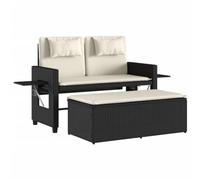Sillón Reclinable de Jardín con Cojines, Ratán Sintético Negro, Banco 2 | Respaldo ajustable, mesa auxiliar con resorte, sofá cama convertible, ratán PE resistente, uso exterior