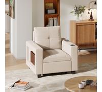 Sillón reclinable Moonbite con espacio de almacenamiento y mesa abatible, color crema. Sillón reclinable con 5 posiciones, portavasos, conexión USB, sofá cama individual
