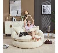 Sillón redondo para sala de estar de la marca okwish, tipo puff con cojín y reposapiés, sofá lounge, sillón grande redondo, ideal para espacios pequeños, color beige