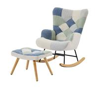 Sillón relax con reposapiés - sillón de tela moderno - patchwork houndstooth - beige+azul