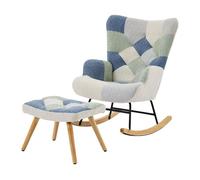 Sillón relax con reposapiés - sillón de tela moderno - patchwork houndstooth - beige+azul