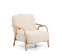 Sillón Sylo en chenilla beige y madera maciza de fresno con acabado natural FSC 100%.