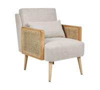 Sillón Tradicional De Poliéster Estructura De Madera Con Ratán Trenzado Patas De Madera Tapones De Plástico Con Cojín Beige Claro Orum