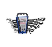 Silver ratchet wrench set with 8 pieces, including open-end and socket keys, ideal for mechanics and DIY enthusiasts. This versatile torque wrench offers a combination of tools for various application