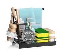 Simaixing Organizador de fregadero de cocina, soporte de esponja de metal con soporte desmontable para cepillo y bandeja de drenaje, dispensador de jabonera con ganchos para almacenamiento en encimera