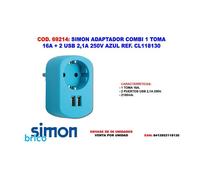 Simon adaptador combi 1 toma 16 2usb 2.1a 250v azul cl118130