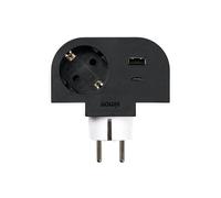 Simon - Adaptador Giratorio Plug 1 Toma 16A (250V, 3680W) + 2 Puertos USB A+C (30W), Rotación 180º y Carga Rápida para Móviles y Tablets, Ideal para Esquinas o Detrás de Muebles, Color Negro y Blanco