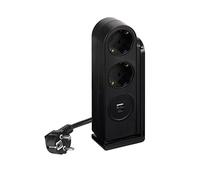 SIMON - Enchufe Múltiple, Regleta de Enchufe Plano, Ladrón de Enchufes con Interruptor, 2 Tomas Schuko 16A 250V + 2 Enchufes USB A, con Clip de Fijación y Cable 2 Metros, Color Negro