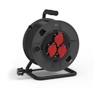Simon - Enrollacables Profesional, Alargador Enchufe 20M, 3 Tomas con Asa de Bobinado, Protección Sobretensiones, Interior y Exterior (IP55), Enchufe Extensible, Color Negro y Rojo