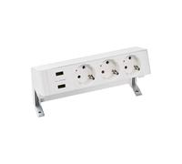 SIMON - Kit sobre Mesa, Serie Simon 400, Regleta Enchufe con 2 x USB A + 3 Tomas Schuko 16A, Ladrón Soporte para Fijación Mesa y Clavija con Salida Lateral, Cable 2m, Color Blanco