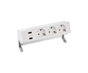 SIMON - Kit sobre Mesa, Serie Simon 400, Regleta Enchufe con 2 x USB A + 3 Tomas Schuko 16A, Ladrón Soporte para Fijación Mesa y Clavija con Salida Lateral, Cable 2m, Color Blanco
