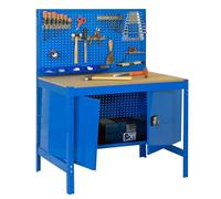 Simonrack Banco de trabajo BT2 – 400 kg, 1445x910x610 mm, con guarda herramientas, Azul/Madera