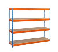 Simon Rack Estanteria Industrial, 2000x1800x450 mm, 600 kg de Punto Flexión, 4 Estantes Madera, Estanterias Almacenaje, Estanterias Metalicas, Azul/Naranja/Madera - SimonTaller