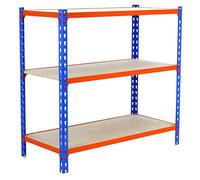Simon Rack Estanteria Metalica, 1000x800x400 mm, 3 Alturas, Bandeja Madera, 150 kg de Punto Flexión, Estanteria Almacenaje, Azul/Naranja/Madera - Maderclick