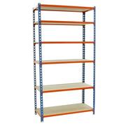 Simon Rack Estanterias Metalicas, 2500x800x400 mm, 6 Baldas de Madera, 150 kg de Punto Flexión, Estanterias Almacenaje, Azul/Naranja/Madera - Maderclick