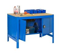 Simonrack Mesa de trabajo taller BT0 – 600 kg, 842x1210x760 mm, guarda herramientas, azul/madera