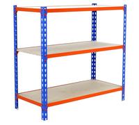 SimonRack Estanteria Metalica, 900x1000x400 mm, 3 Alturas, Bandeja Madera, 150 kg de Punto Flexión, Estanteria Almacenaje, Azul/Naranja/Madera - Maderclick