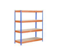 SimonRack Estanteria Metalica Almacenaje de Acero Industrial, 2000x1200x450 mm, 4 Baldas Madera, Soporta 300 kg de Punto Flexión por balda, Azul/Naranja/Madera - SimonTaller Multicolor Large