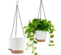SINJEUN Juego de 2 macetas colgantes de 20,3 x 17,8 cm, color blanco y dorado, para exteriores, con almacenamiento de agua, para plantas, interior y exterior