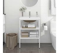 Sinkzol Mueble de baño con lavabo blanco de hierro con recubrimiento en polvo y cerámica, 59 x 38 x 83 cm, con rebosadero para muebles de baño e invitados, espacio de almacenamiento y orden