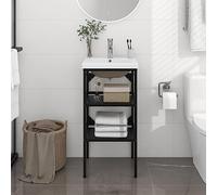 Sinkzol Mueble de baño con lavabo, color negro, hierro pulverizado, 40 x 38 x 83 cm, con lavabo empotrable, rebosadero de cerámica, moderno espacio de lavado para invitados, inodoro y baño