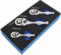 SIO Set Mini Llaves de Carraca 1/4" 3/8" 1/2" en Bandeja EVA - Juego Carracas Compactas Reversibles CR-V - Herramientas Profesionales Taller Mecánica Automoción y Bricolaje - Carracas Taller