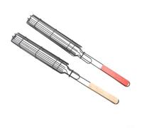 SiSinkal Juego de 2 cestas de parrilla para barbacoa, abrazadera de salchicha sin hierro con mango de madera, herramientas de parrilla con cerradura para frutas, verduras, accesorios de cocina al aire