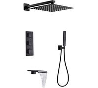 Sistema de ducha termostático con caño de cascada para bañera, juego de grifo de ducha negro, sistema de cabezal de ducha tipo lluvia montado en la pared con juego de ducha de mano, juego combinado de