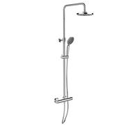 Sistema de ducha Young Eco con grifo termostático y 2 reguladores de ahorro de agua, cabezal de ducha de lluvia de 20 cm de diámetro y ducha de mano de 11 cm de diámetro con 5 funciones, manguera de