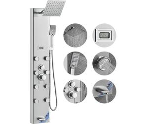 Sistema de panel de ducha VEVOR, con 5 modos de ducha, columna de panel de ducha con pantalla digital, efecto lluvia, 8 boquillas de masaje, desagüe para bañera, ducha de mano con 3 ajustes, manguera