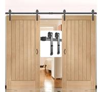Sistema de puertas correderas para puertas dobles de 335 cm, fabricado en acero al carbono, con una capacidad de carga de 150 kg e incluye los raíles de deslizamiento